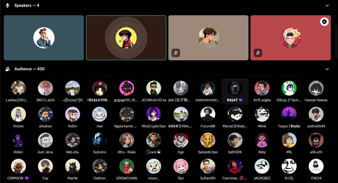 A digital interface shows a group call with 4 speakers and an audience of 430, featuring various anime-style profile pictures and usernames like 'Lashac234' and 'AniFLaingA'.