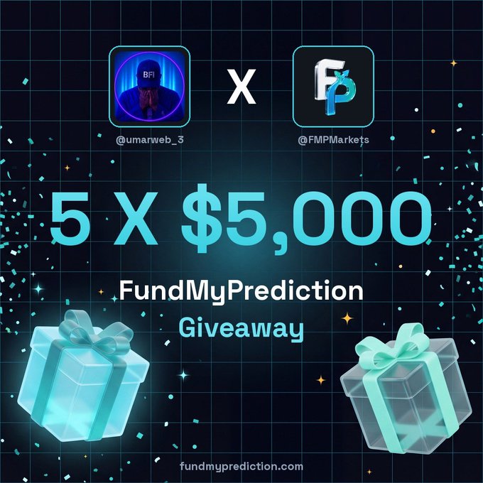 A promotional graphic advertises a 'FundMyPrediction Giveaway' offering '5 X $5,000', featuring logos for '@umarweb_3' and '@FMPMarkets' with the website 'fundmyprediction.com' at the bottom.