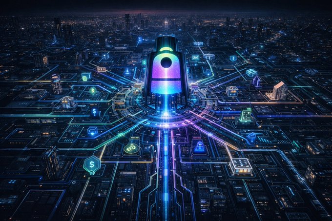 A futuristic cyberpunk cityscape at night featuring a glowing central tower with circuit board-like roads radiating outward, connecting various digital icons including dollar signs, shields, and padlocks.