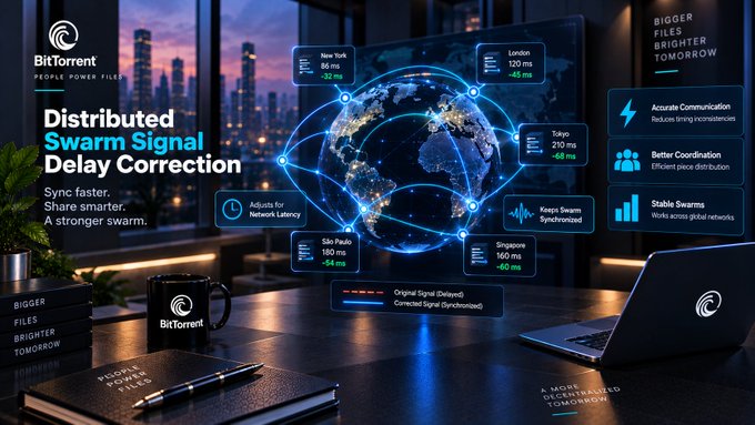 A promotional graphic for BitTorrent titled 'Distributed Swarm Signal Delay Correction,' showing a glowing globe connected to various cities with latency metrics, set against a city skyline background at dusk.