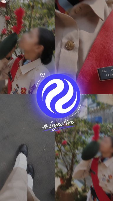A collage of four photos showing scenes from a school event, including a person speaking into a microphone and details of a tan uniform with a red sash, overlaid with a blue logo and the text '#Injective'.