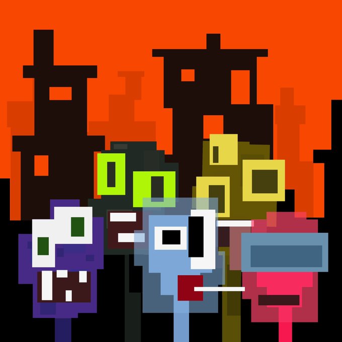 A pixel-art scene of colorful blocky characters standing before dark castle silhouettes against a fiery orange sky, evoking the "bafoontown" medieval/town theme referenced in the post's lottery announcement for GTD allocations and Townlist entries.