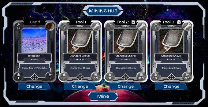 The image shows a computer game screen with four different cards displayed, each representing a different type of mining tool or weapon. The first card has a picture of a shovel, the second one features a hammer, the third one displays an excavator, and the fourth one showcases a pickaxe. These cards are arranged in a row on the screen, providing players with various options to choose from during gameplay.