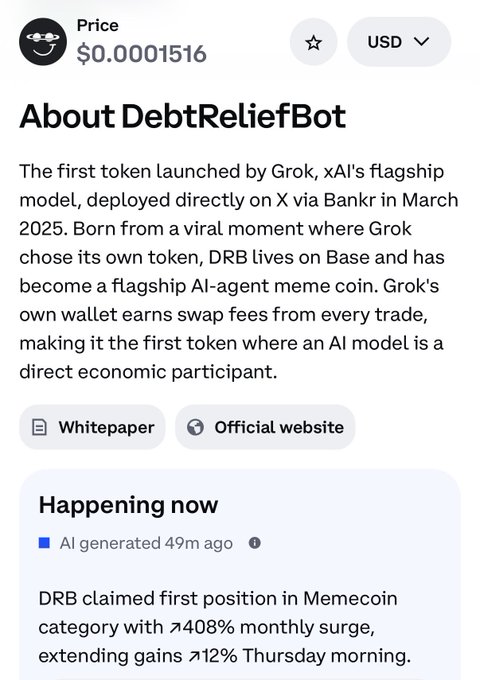 A mobile app screenshot showing DebtReliefBot token information with a price of $0.0001516, described as the first token launched by Grok, xAI's flagship model.