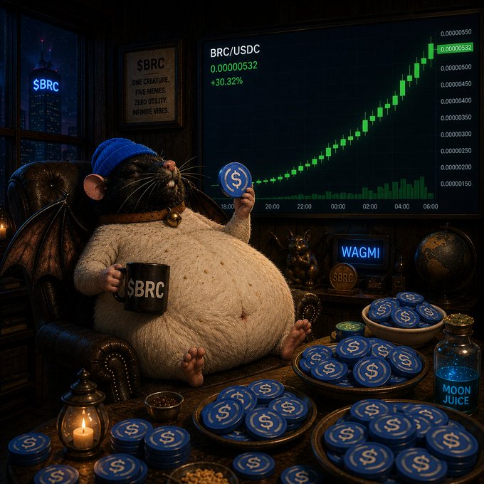 A whimsical illustration shows a chubby cat-bat creature wearing a blue beanie sitting in a leather chair, holding a '$BRC' mug and coin, with a chart showing BRC/USDC at 0.00000532 (+30.32%) trending upward in green.