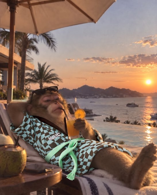 A digital image showing a monkey relaxing on a lounge chair at a tropical resort, sipping an orange drink through a straw while wearing sunglasses and a patterned shirt, with a sunset over the ocean in the background.