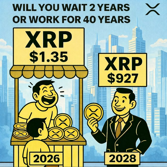 An XRP promotional graphic asks 'WILL YOU WAIT 2 YEARS OR WORK FOR 40 YEARS,' depicting a cartoon street vendor selling XRP at $1.35 in 2026 and a businessman holding an XRP coin valued at $927 in 2028.