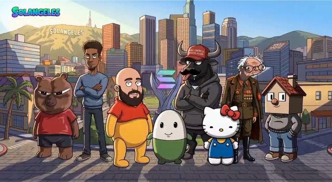 A cartoon illustration featuring various characters including a bear, a programmer, a Gopher mascot, Hello Kitty, and a bull, set against a stylized city backdrop with the 'GoLangeles' logo.