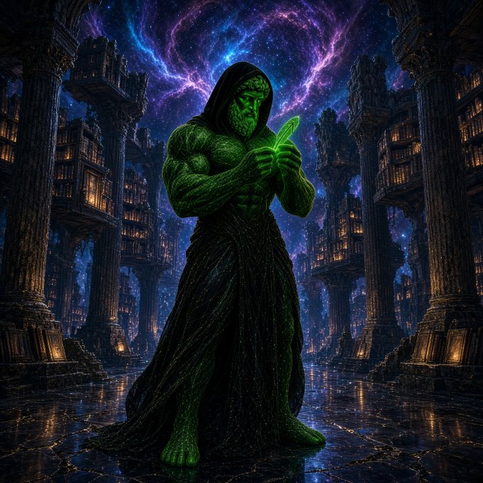 A fantasy digital artwork depicting a green-skinned, hooded muscular figure holding a glowing crystal, standing on cracked ground surrounded by ancient pillars and a cosmic purple nebula sky.