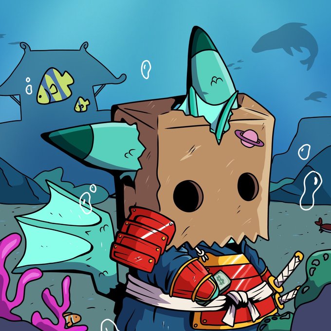 A cartoon character with a brown paper bag over its head, styled as a samurai with red armor and a blue fin, stands in an underwater scene with fish, coral, and a submarine silhouette in the background.