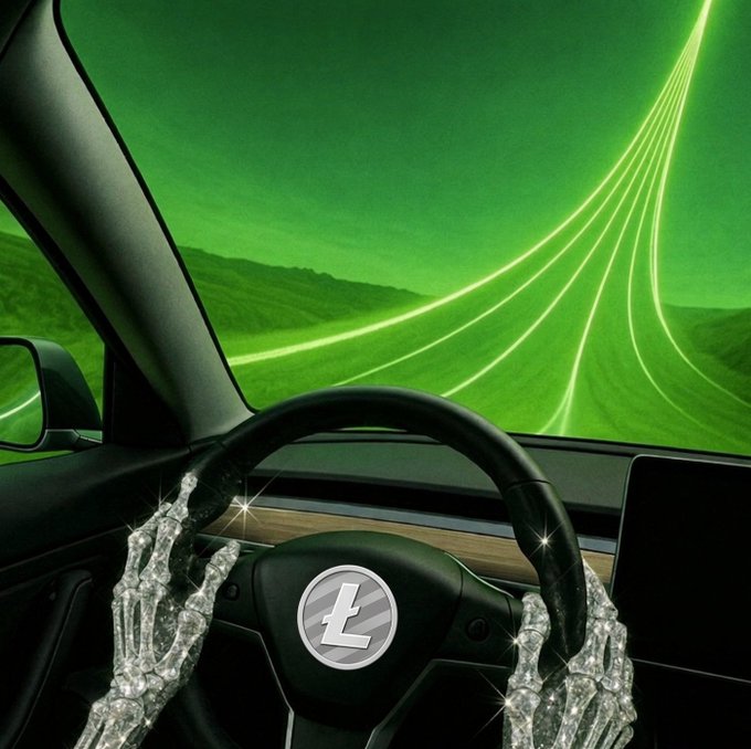 A digital artwork depicts crystal-encrusted skeleton hands gripping a steering wheel, driving toward glowing green light trails in a green-hued landscape.