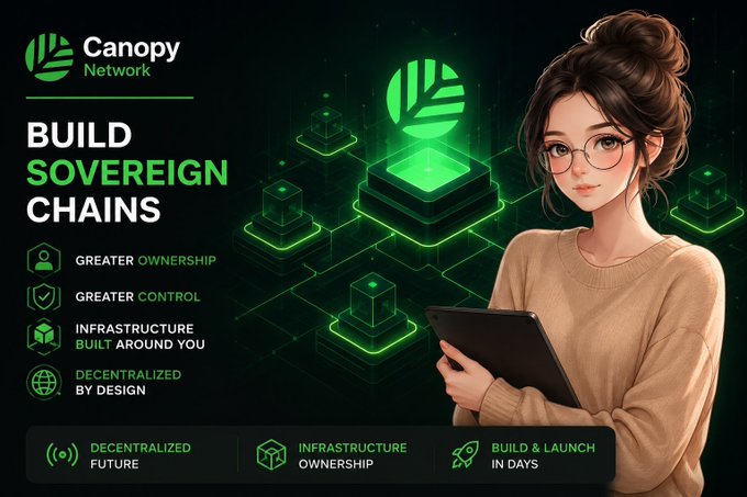A promotional graphic for Canopy Network advertising 'BUILD SOVEREIGN CHAINS' with an illustrated woman holding a tablet, highlighting features like greater ownership, control, decentralized infrastructure, and quick launch capability.