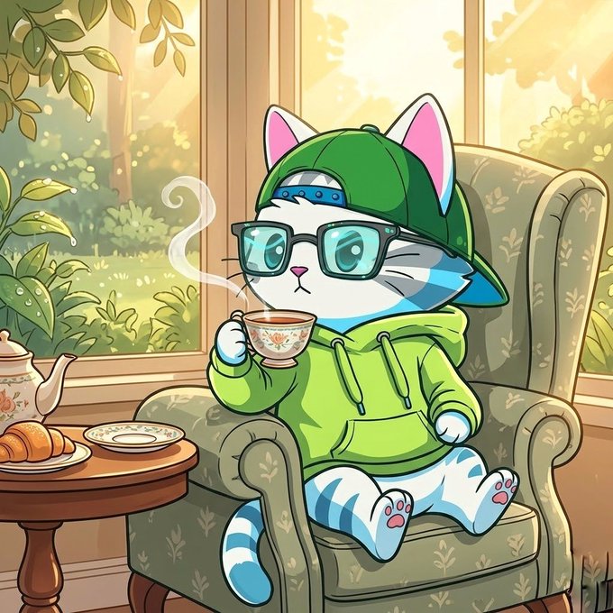A cartoon illustration of a white cat wearing a green hoodie, green cap, and sunglasses, sitting in an armchair and sipping tea from a floral cup.