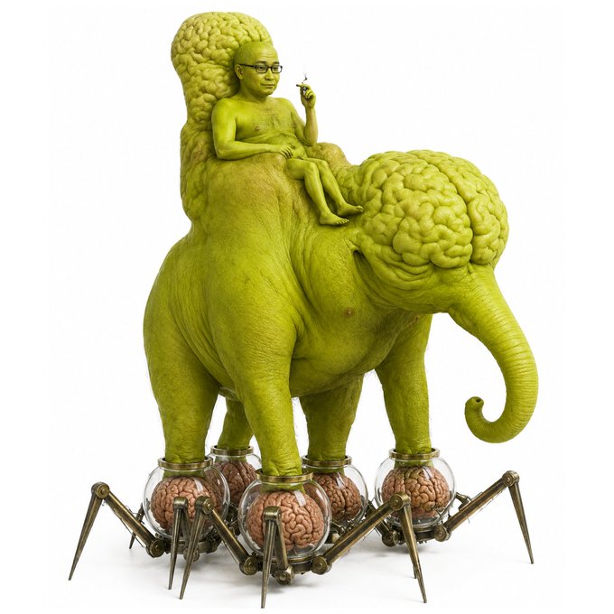 A surreal sculpture of a green elephant with a human-like figure riding on its back, standing on mechanical spider-like legs holding jars containing brains.