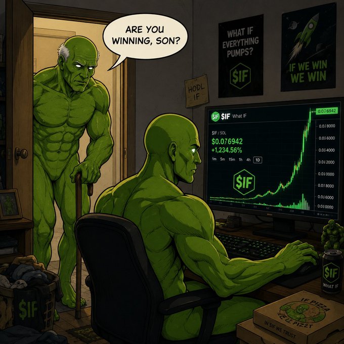 Comic-style illustration showing a muscular green humanoid figure at a computer displaying a green cryptocurrency chart for '$IF What IF' (showing $0.076942, +1,234.56%), while an older similar green figure stands in the doorway asking 'ARE YOU WINNING, SON?' in a speech bubble.