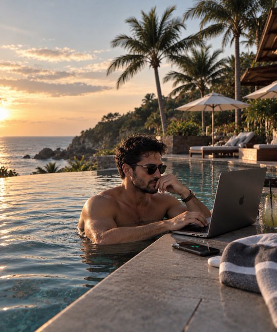 A shirtless man wearing sunglasses works on a MacBook laptop while sitting in an infinity pool at sunset, with palm trees, the ocean, and a tropical resort setting in the background.