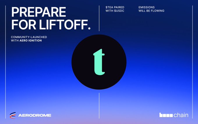 The image features a blue sky background with a white circle containing the letter "t" at its center. Below this, there are two lines of text that read "prepare for liftoff", which suggests that the image might be related to an advertisement or promotional material for a new product or service. The text also mentions that the product is called "TEA" and that it will be live in 1 hour. Additionally, there's a post on social media where users can claim $TEA and stake their tokens to earn emissions credits. This implies that the image might be promoting an innovative way of earning emissions credits through TEA trading or investing in new projects related to sustainable energy solutions.