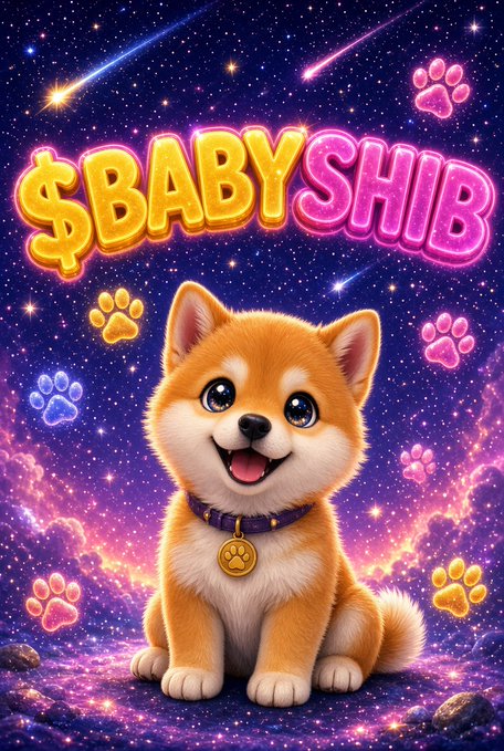 A vibrant, colorful illustration of a Shiba Inu puppy sitting against a starry cosmic background with neon paw prints, featuring the text '$BABYSHIB' in yellow and pink balloon-style lettering at the top.