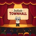 A cartoon illustration of a stage with red curtains featuring a sign that reads 'Initiate TOWNHALL' with a small character standing in a spotlight.