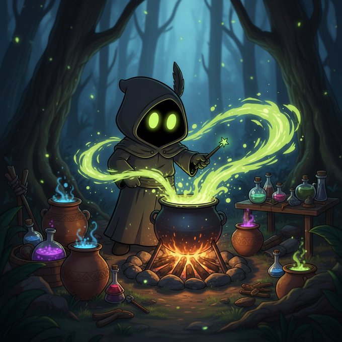 A hooded figure with glowing green eyes stirs a bubbling cauldron of magical green potion in a mystical forest, surrounded by colorful potion bottles and alchemy equipment. The image visually represents the poster's decision to "ape" into $HOODINI over hyped-up KOL tokens, framing the trade as a thoughtful, organic brewing of gains rather than chasing fleeting meme pumps.