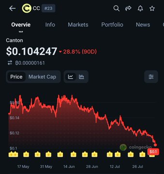 A CoinGecko chart of Canton (CC) shows a steep decline from $0.14 to $0.10, with the token down 26.8% over 90 days, illustrating the post's point that the price has dropped significantly since they raised $355M.
