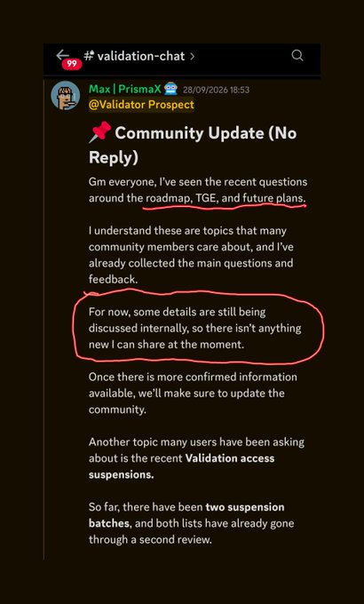 A Discord screenshot from the validation-chat channel showing a community update from 'Max | PrismaX' addressed to '@Validator Prospect', with red annotations circling portions about future plans and suspended suspensions.