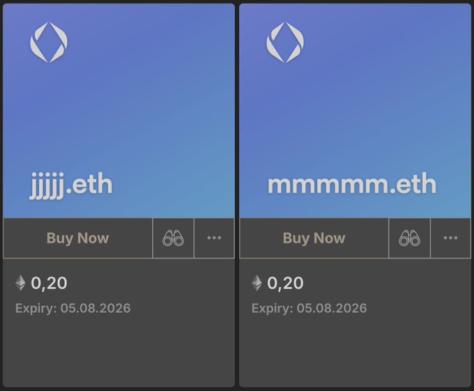 The image displays two ENS domain listings, "jjjjj.eth" and "mmmmm.eth," both priced at 0.2 ETH with an expiry date of 05.08.2026, matching the post announcing lowered prices on the remaining 5-letter ENS repeaters. The blue gradient cards feature a "Buy Now" button, confirming these domains are actively listed for sale.