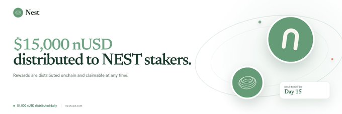 A promotional graphic for Nest announces '$15,000 nUSD distributed to NEST stakers' with green circular logos and a note reading 'DISTRIBUTED Day 15'.