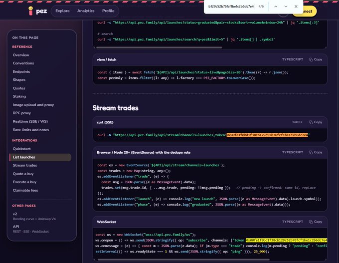 A screenshot of the Pump.fun API documentation showing code examples for 'Stream trades' using SSE, WebSocket, and EventSource with TypeScript code snippets.