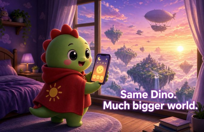 An animated green dinosaur wearing a red cape looks at a smartphone while standing in a bedroom overlooking floating islands and airships, with the text 'Same Dino. Much bigger world.'