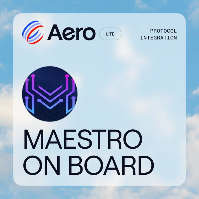 A promotional graphic against a sky background displays the 'Aero LITE' logo with the text 'PROTOCOL INTEGRATION' in the top right. The center features a purple and blue chevron logo above the bold text 'MAESTRO ON BOARD'.