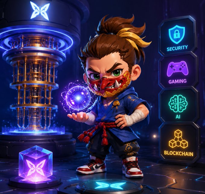 A stylized anime-style character with a red mask holding a glowing energy sphere, standing in a futuristic lab with icons labeled Security, Gaming, AI, and Blockchain on the side.