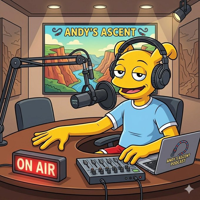 A yellow cartoon character wearing headphones sits at a podcast desk with an "ON AIR" sign, broadcasting in front of a backdrop reading "ANDY'S ASCENT," with a laptop and microphone branded "ANDY'S ASCENT PODCAST." The image directly promotes the podcast by showing its host in a professional recording setup, matching the call-to-action to "TUNE IN YO ANDY'S PODCAST."