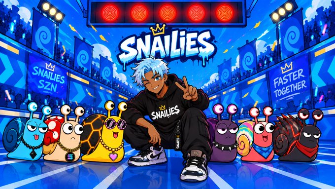 A colorful cartoon illustration promoting 'SNAILIES' featuring a blue-haired character in branded clothing posing with seven stylized snails in a stadium setting, with banners reading 'SNAILIES SZN' and 'FASTER TOGETHER'.