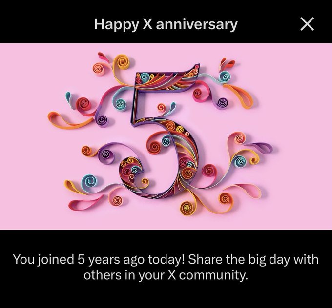 A X (formerly Twitter) anniversary notification celebrating 5 years on the platform, featuring a colorful quilled paper-style '5' decoration on a pink background with the text 'Happy X anniversary' and 'You joined 5 years ago today! Share the big day with others in your X community.'