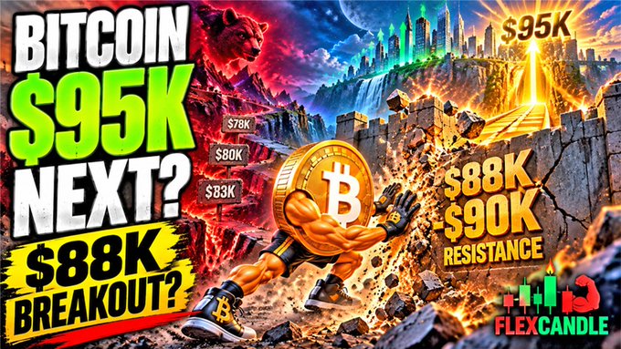 A bold Bitcoin-themed graphic titled "BITCOIN $95K NEXT?" showing a muscular Bitcoin character breaking through a wall, with text indicating "$88K BREAKOUT?" and "$88K $90K RESISTANCE", branded "FLEXCANDLE".