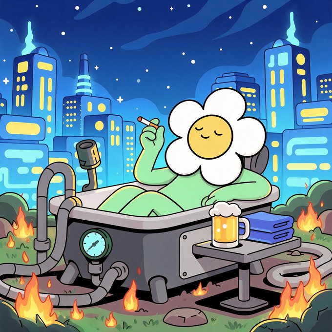 A colorful cartoon illustration depicts an anthropomorphic fried egg with a content face sitting in a bathtub, smoking a cigarette, with a mug of beer and books on a side table, surrounded by flames and a city skyline at night.