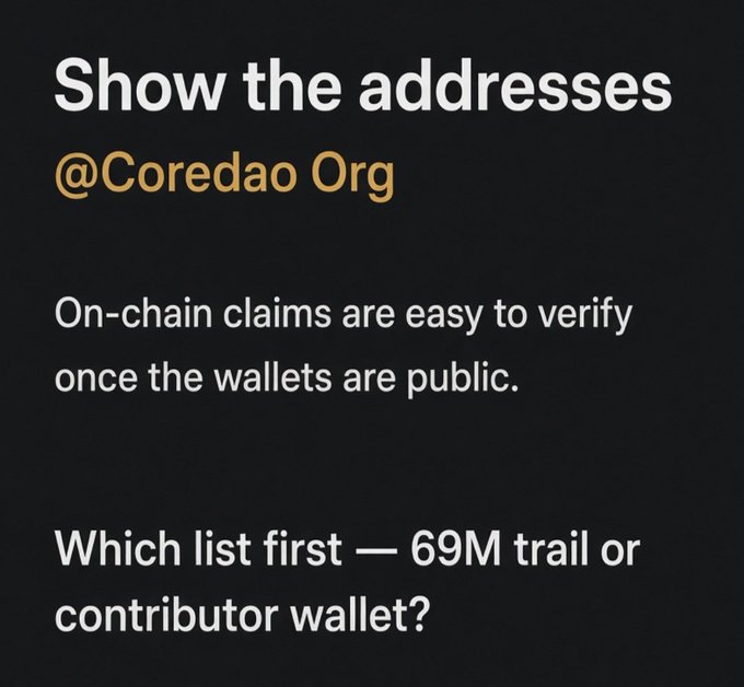A text-based social media post reading 'Show the addresses @Coredao Org' questioning on-chain claims and asking 'Which list first — 69M trail or contributor wallet?'.
