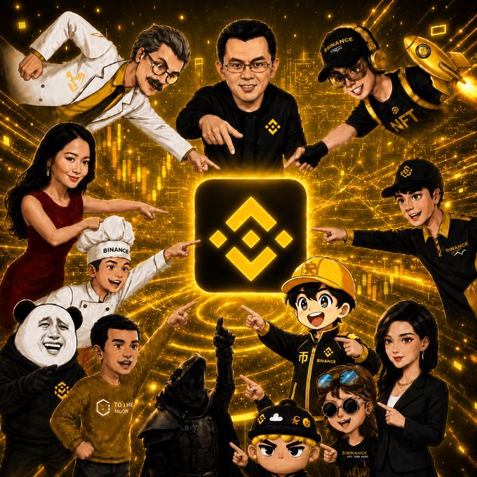 An illustrated promotional graphic for Binance features various cartoon and stylized characters—including a chef wearing a "BINANCE" hat, figures in NFT and Binance-branded outfits, and a person in a panda mask—all pointing toward the central glowing Binance logo, celebrating the exchange's partnership with @bstocksfinance.