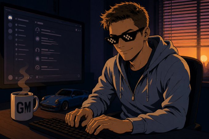 Anime-style illustration of a young man wearing pixelated sunglasses and a gray hoodie, sitting at a computer desk with a chat interface on the monitor, a 'GM' coffee mug, and a blue Porsche model car beside him.