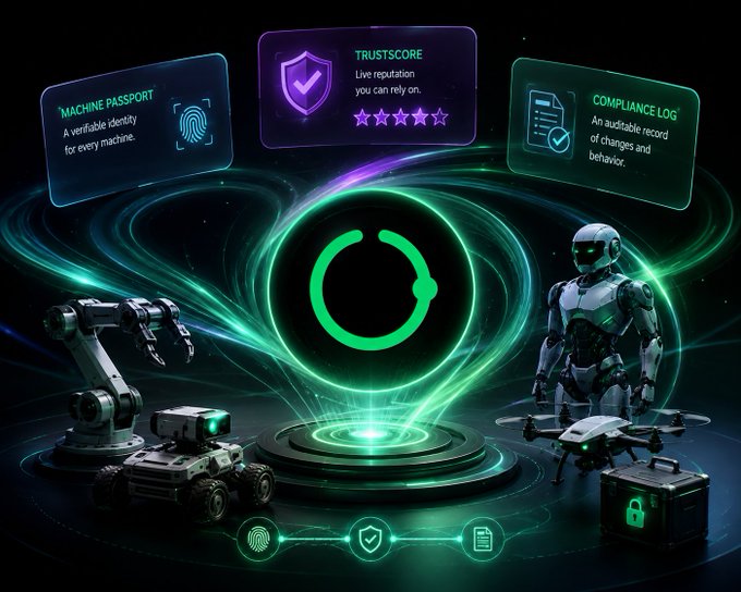 A futuristic graphic showing robotic machinery including a robotic arm, tank, humanoid robot, and drone, surrounded by labels for 'MACHINE PASSPORT', 'TRUSTSCORE', and 'COMPLIANCE LOG'.