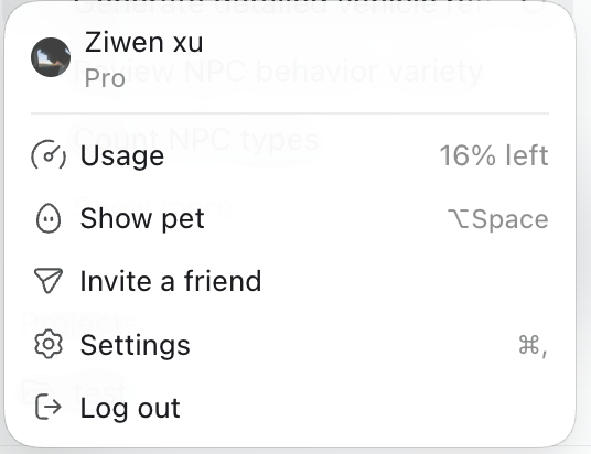 A user profile menu for "Ziwen xu" displays a "Usage" meter showing "16% left," directly illustrating the poster's concern about rapidly depleting their usage limit shortly after a reset.