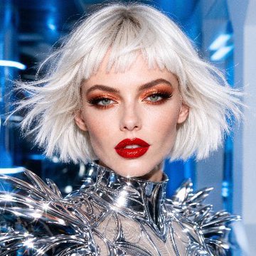 A platinum blonde woman with a bold red lip and futuristic spiked silver armor poses against a blue backdrop, projecting a high-fashion sci-fi aesthetic that aligns with the bold, attention-grabbing launch of the Solana meme coin $SUPERCORE by Xella Rey.