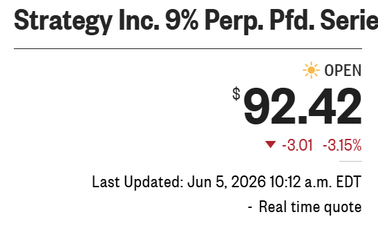 A screenshot of a text-based message displayed on a computer screen that reads "STRC $92.42 is just silly. They have the cash on hand to pay the dividend". The main focus of the image, however, appears to be something else unrelated to this message or stock market information.