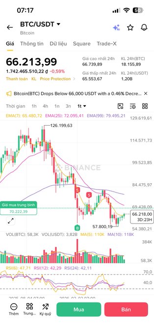 The image shows a Binance trading chart for BTC/USDT with Bitcoin priced at $66,213.99, down 0.59% over 24 hours, displaying recent price action around the $57,800 low and current 3D.2H timeframe with EMA indicators. The chart visually supports the post's claim by illustrating Bitcoin's recent significant downturn (red candles dropping toward $57,800), representing the "steepest Downturn" path that has already been largely covered, setting up the narrative of a potential reset phase before a new bull cycle.