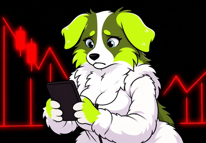 A cartoon illustration shows a worried-looking anthropomorphic dog with green and white fur looking at a smartphone, with red downward-trending stock market charts in the background.