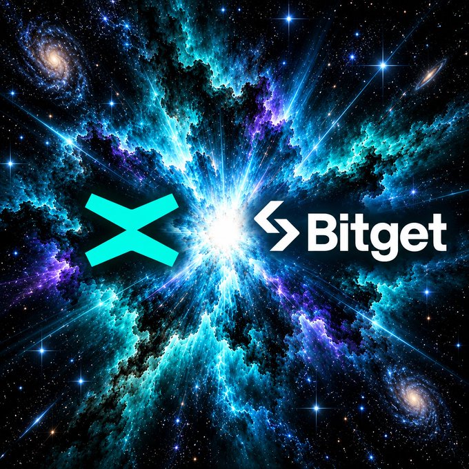 A vibrant cosmic explosion in space features the cyan "X" logo on the left and the white "Bitget" logo on the right, visually representing the connection or integration between the X social media platform and the Bitget cryptocurrency exchange as $EGLD deposits and withdrawals resume.