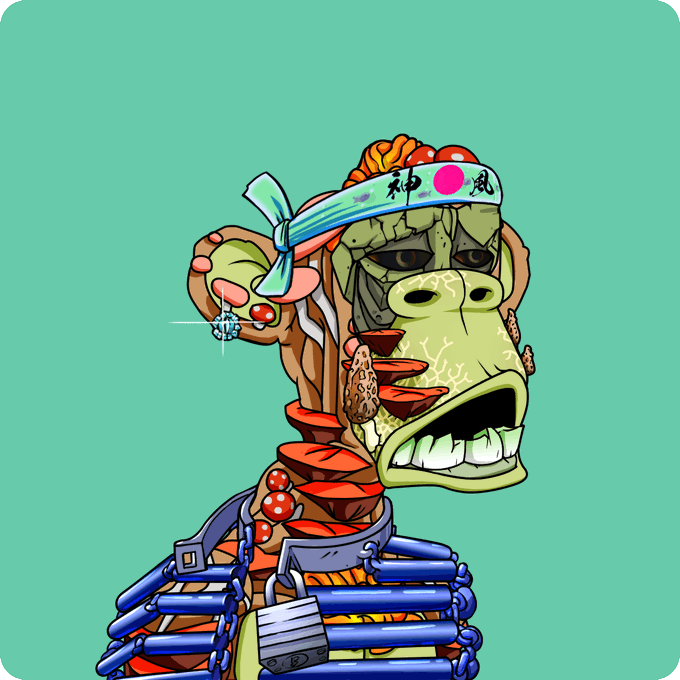 A cartoon illustration of a zombie-like ape character wearing a Japanese headband with a rising sun design, a chain necklace with a padlock, and appearing to have a slice of pizza on its face, set against a teal background.