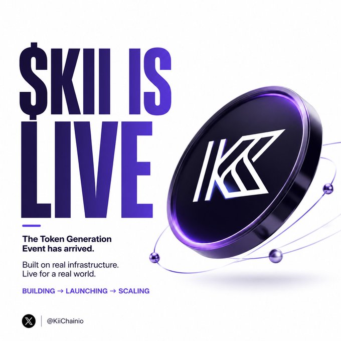 Promotional graphic for a KiiChain token generation event, featuring purple text reading '$KII IS LIVE - The Token Generation Event has arrived. Built on real infrastructure. Live for a real world. BUILDING → LAUNCHING → SCALING' alongside a 3D coin logo and the handle @KiiChainio.