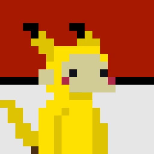A pixel art illustration depicts a yellow giraffe-like character with black ossicones and pink cheeks against a split red and white background.